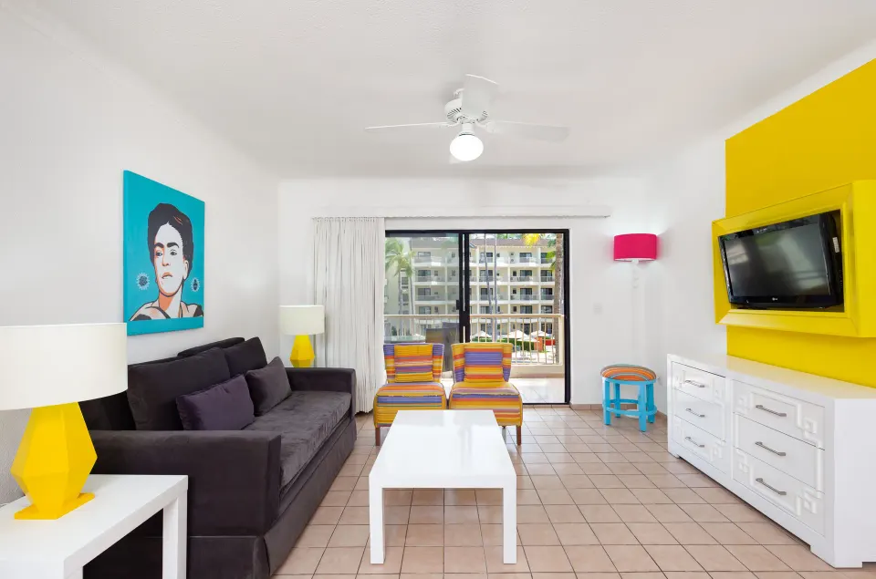 Superior One Bedroom Suite living room with balcony at Villa del Palmar Beach Resort and Spa, Puerto Vallarta.