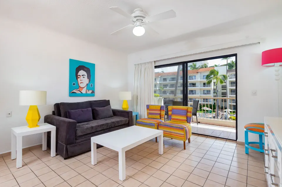 Superior One Bedroom Suite seating area and balcony at Villa del Palmar Beach Resort and Spa, Puerto Vallarta.