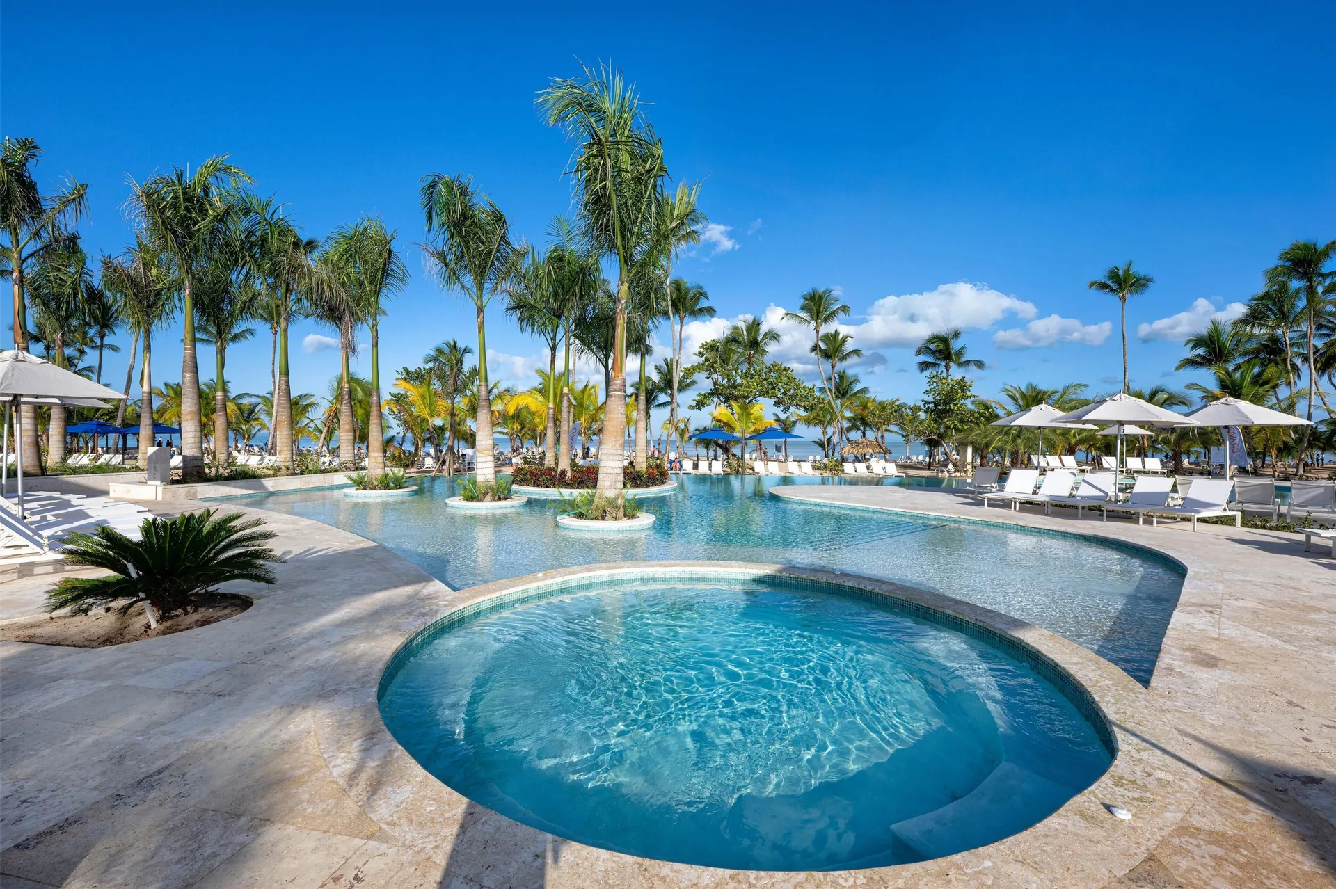Round shallow pool beside a larger palm-lined pool and loungers at Viva Miches.