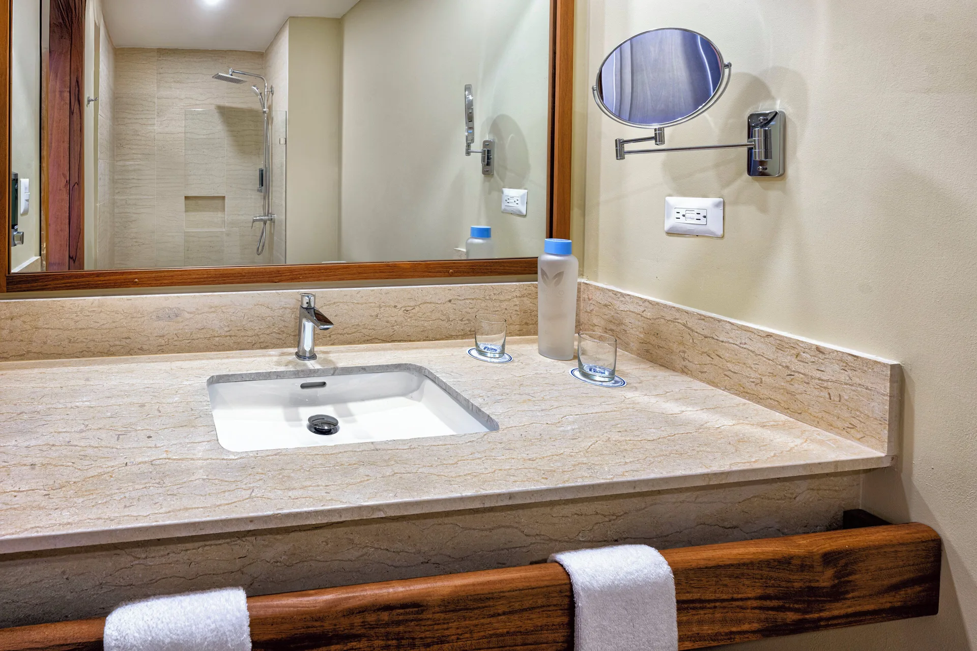Splash Oceanfront Room bathroom vanity and shower at Viva Miches.