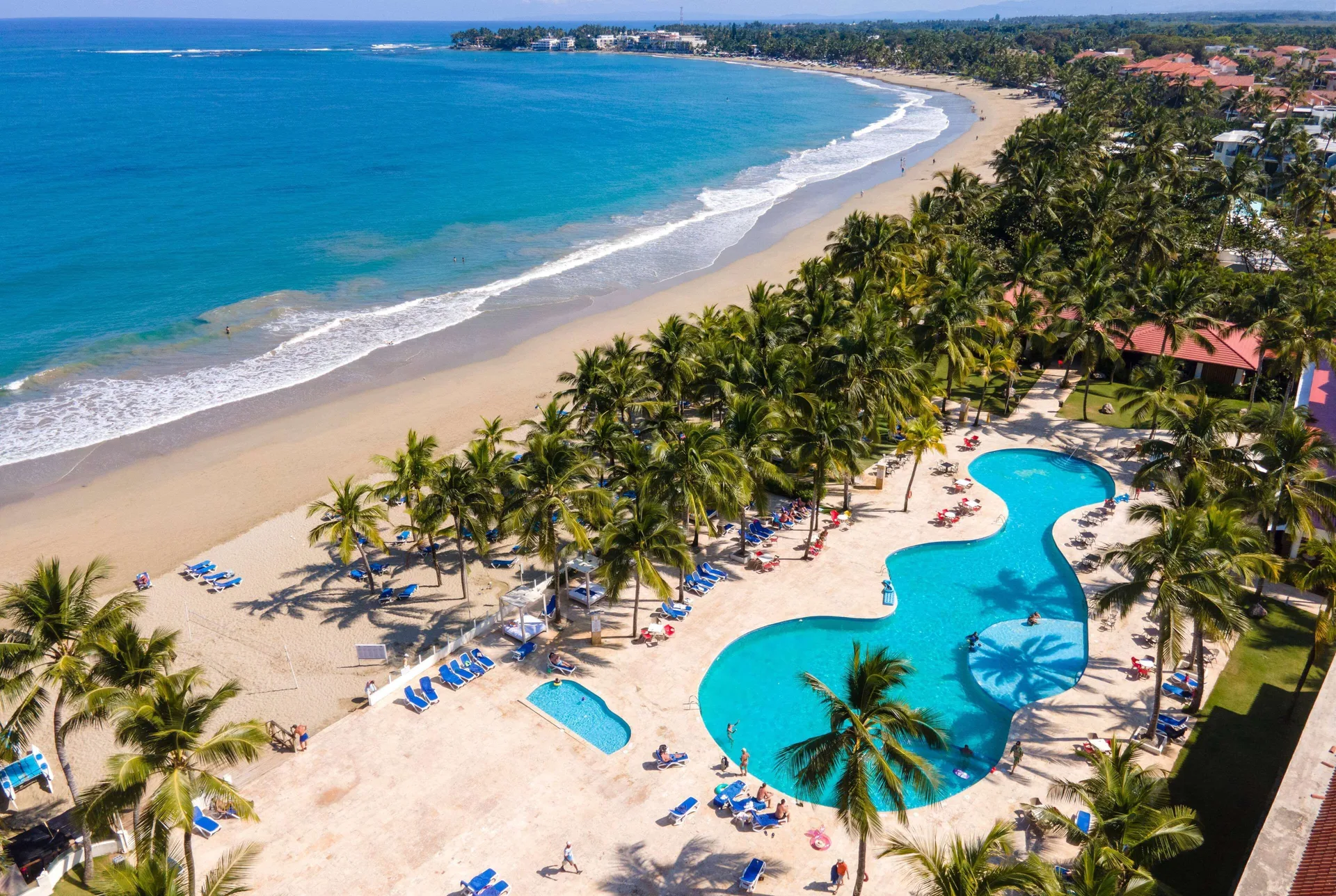 Aerial beachfront view of pool, palms, and shoreline at Viva Tangerine.