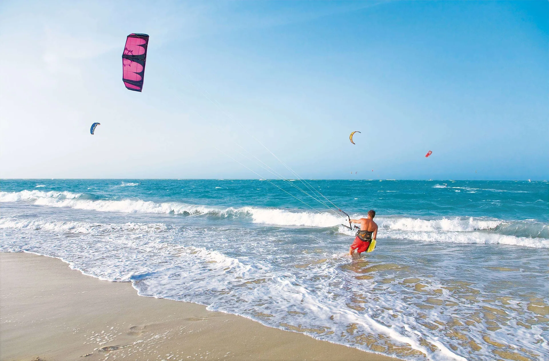 Kitesurfer entering the ocean from a sandy beach at Viva Tangerine.