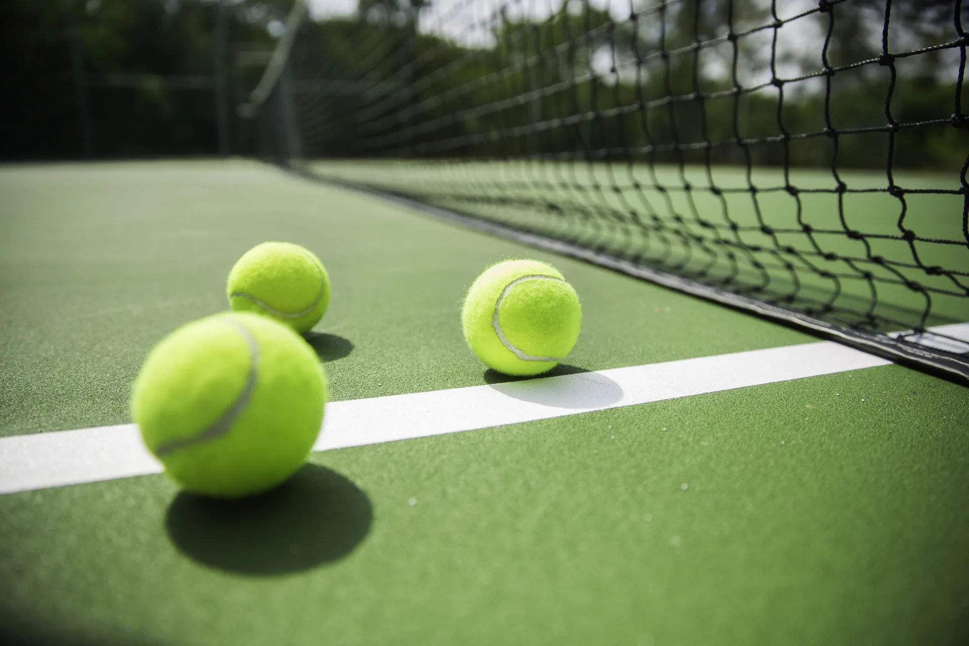 Tennis balls resting beside the net on a green court at Viva Tangerine.