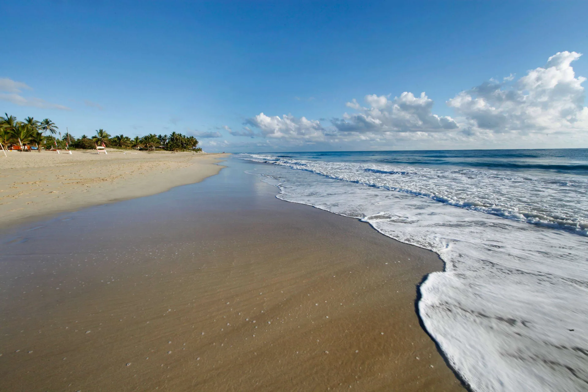 Wide sandy shoreline with rolling surf beside Viva Tangerine.