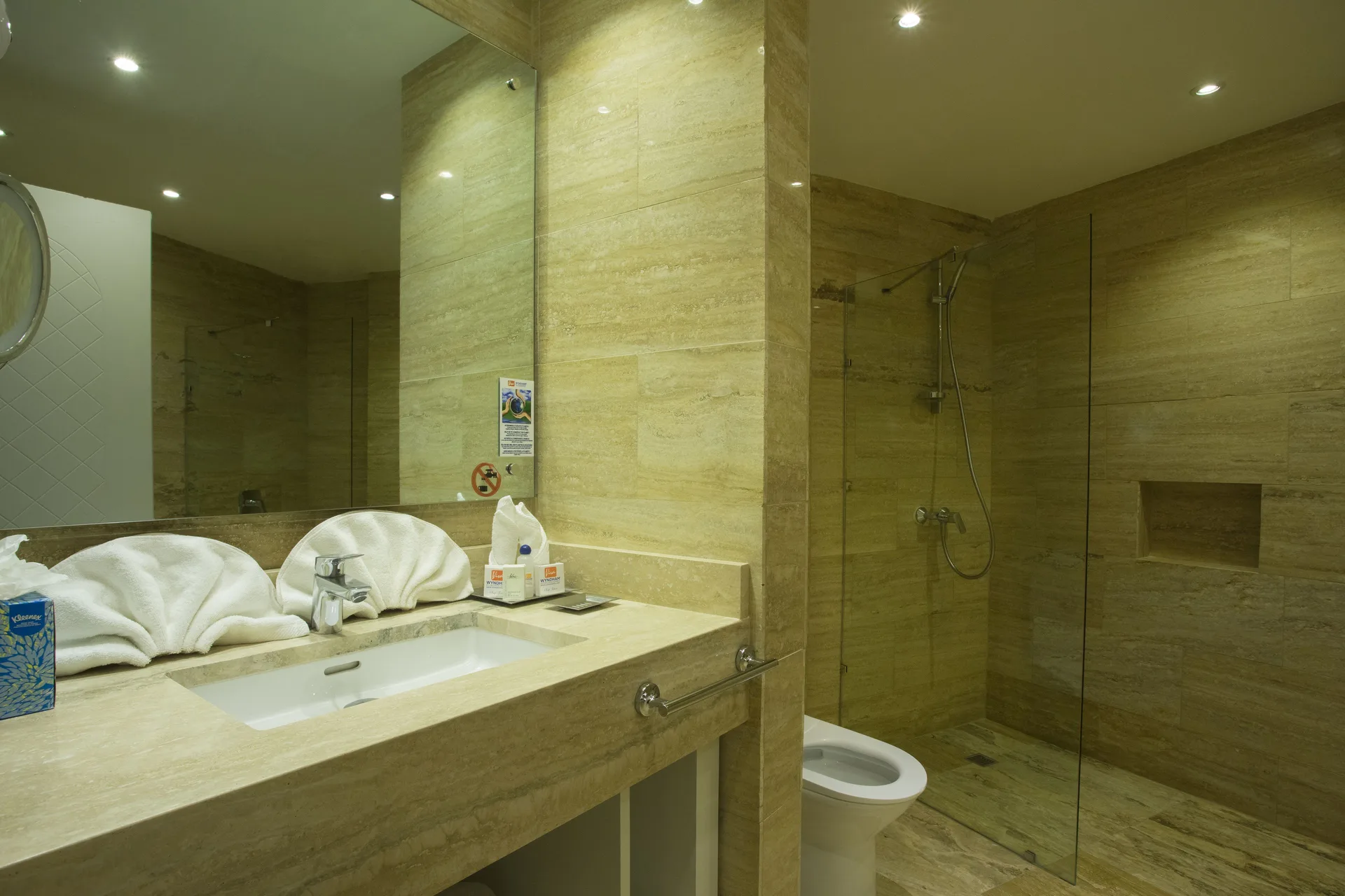 Superior Garden bathroom with vanity, mirror, toilet and glass shower at Viva Tangerine.
